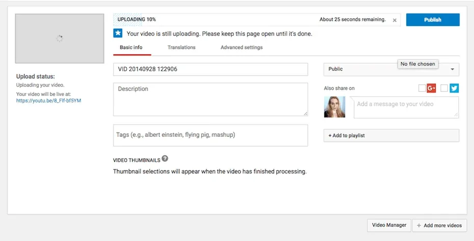 YouTube video upload and optimization screen