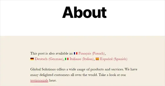 About page on our demo site showing Translation language options About page on our demo site showing Translation language options