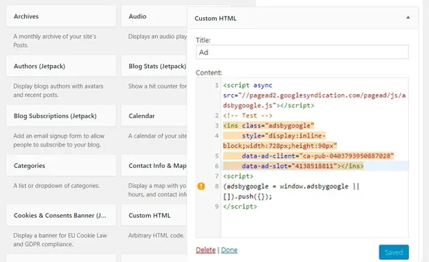 Adding AdSense code with WordPress Custom HTML widget