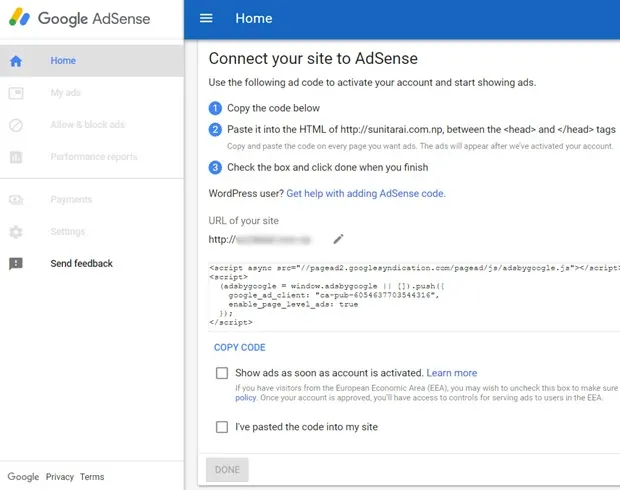Copying the AdSense verification code