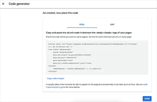 Copying AdSense ad code