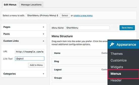 Logout link in navigation menu