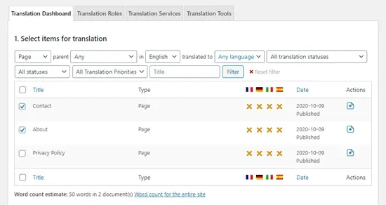 Viewing the list of pages on the translation dashboard Viewing the list of pages on the translation dashboard