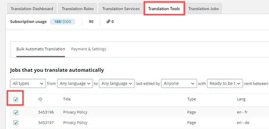 Selecting your content for bulk automatic translation Selecting your content for bulk automatic translation
