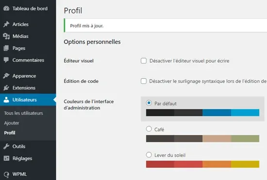 WordPress admin area shown in French WordPress admin area shown in French