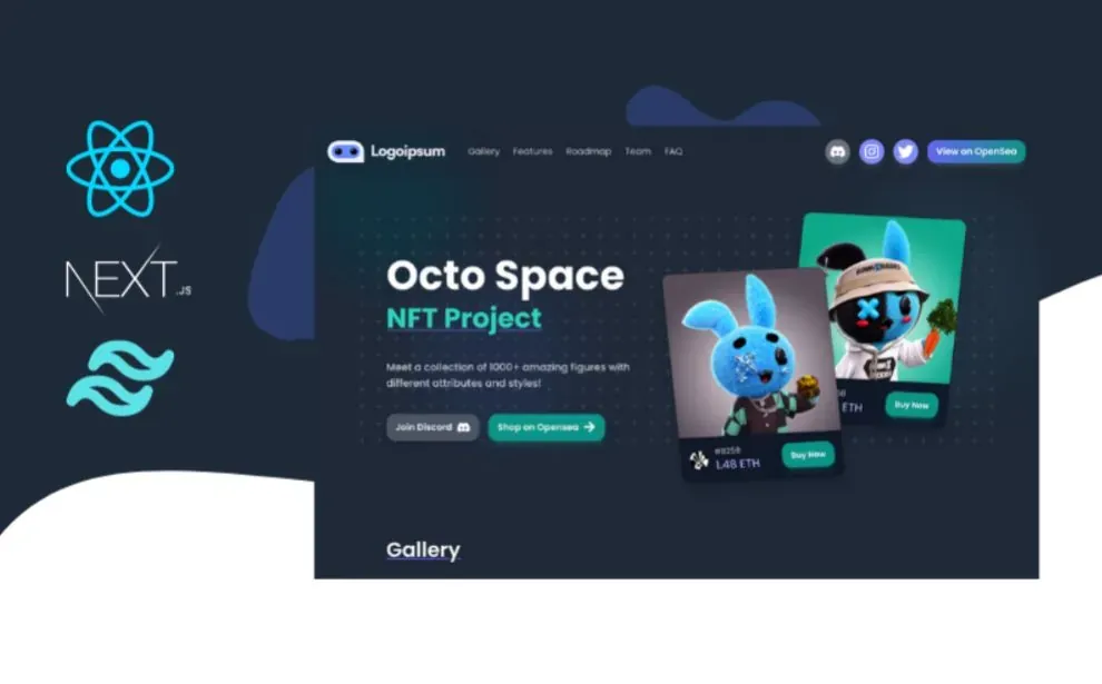 Octo Space NFT landing page developed with React and NextJS
